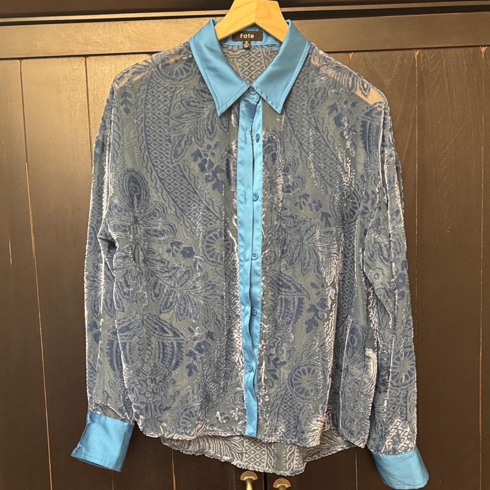 Fate Blue Sheer Blouse with Satin Trim